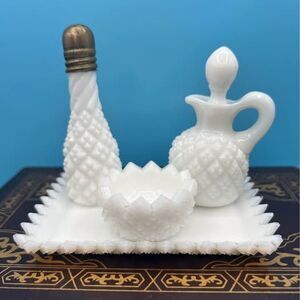 Mini Milk Glass Set, Tray, Cruet with stopper, Salt shaker, Cellar